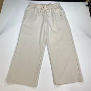 Puma Womens High Waist Wide Leg Sweatpants Cream Gold Logo Fleece Cozy XL
